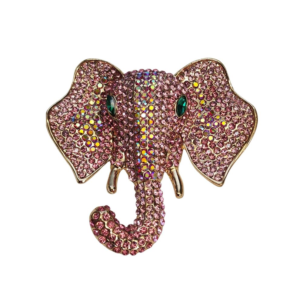 Whimsical Pink Rhinestone Elephant Brooch Gold Tone Statement Figural